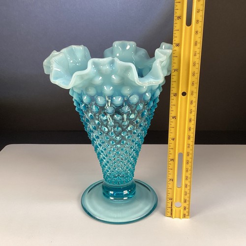 FENTON large blue opalescent art glass hobnail footed Vase - Picture 6 of 9