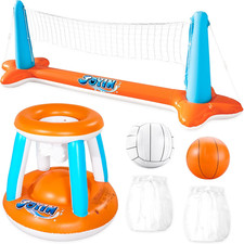 Pool Toys Games Set-Inflatable Pool Float Set Volleyball Net Basketball Hoops,