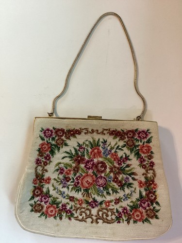 Vintage 1950s Needlepoint Embroidered White Floral Small Handbag With Clasp VGC - Picture 13 of 13
