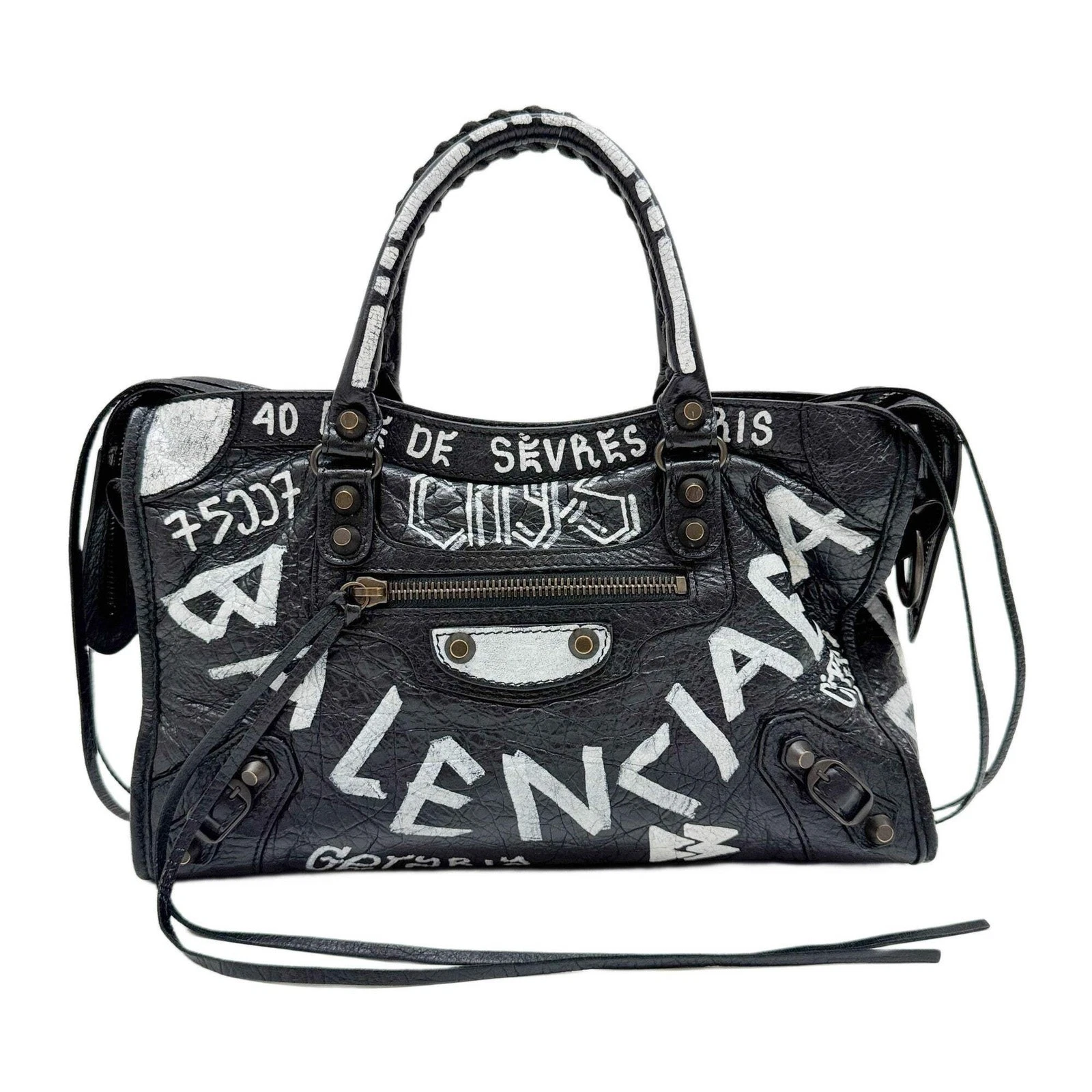 Balenciaga — BALENCIAGA Mini City Graffiti Black Leather Hand Bag