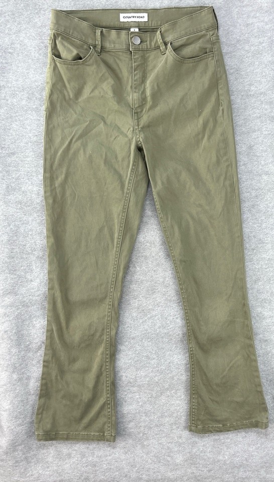 COUNTRY ROAD SIZE 8 WOMENS OLIVE SATEEN KICK FLARE CROPPED ANKLE JEANS HIGH RISE