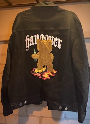 Hangover Graphic Black Denim Jacket with Embroidered Bear Design Size 3XL