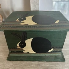 Vintage Warren Kimble Folk Art Rabbit Wooden Trinket Box Primitive Easter