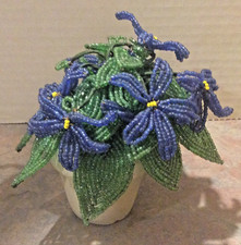 Vintage French Beaded Blue Flower Arrangement in Pot