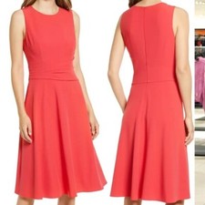 Eliza J Red Orange Coral Ruched Fit & Flare Dress Size 4 $138