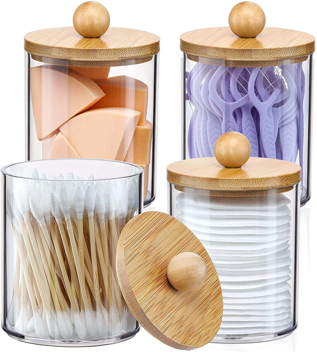 4 Pack Qtip Holder Dispenser with Bamboo Lids - 10 Oz Clear Plastic Apothecary J