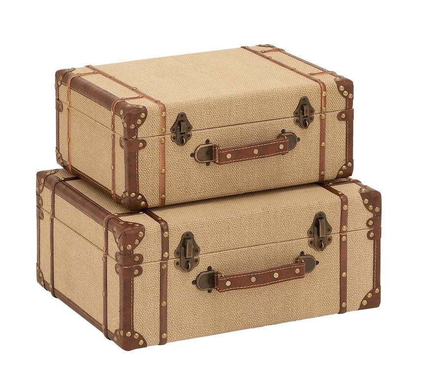 Beige Set of 2 Upholstered Wooden Trunks Chest with Metal Studs