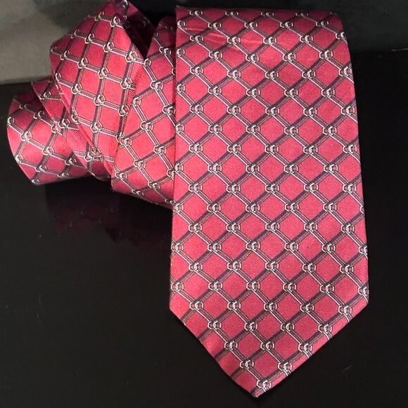 Dior Mid Century Modern Neckwear Tie 100% All Silk Red Fence Plaid Silver Gray thumbnail 4