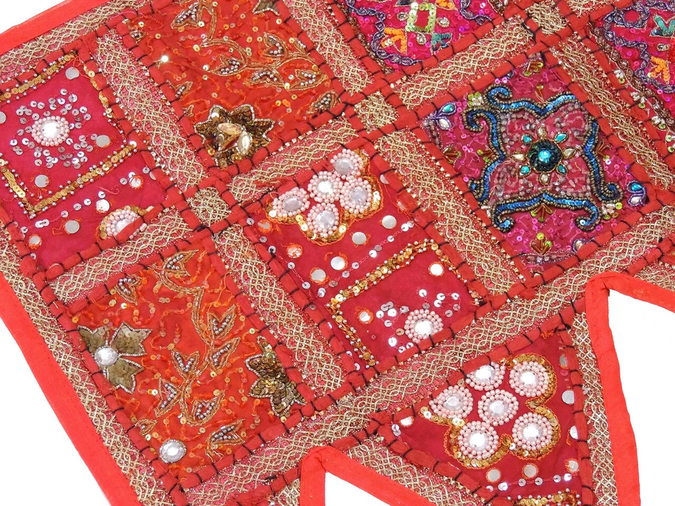 Cenefa de ventana de retazos rojos cubierta de puerta - Kundan vintage hecho a mano Toran 60" Foto 3 de 4