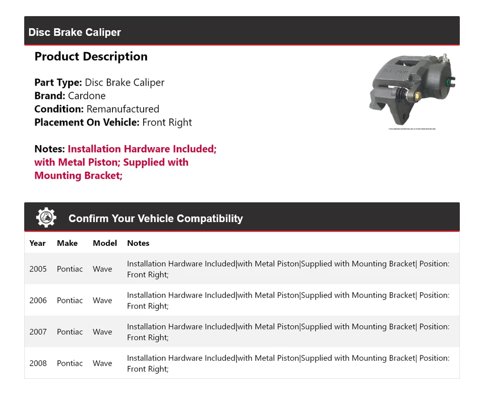Pinza de freno de disco delantera derecha Cardone 2006 2007 Pontiac Wave 2005-2008 Foto 2 de 4