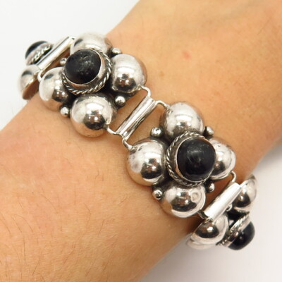 925 Sterling Vintage Mexico Black Onyx Gem Balls Panel Link 