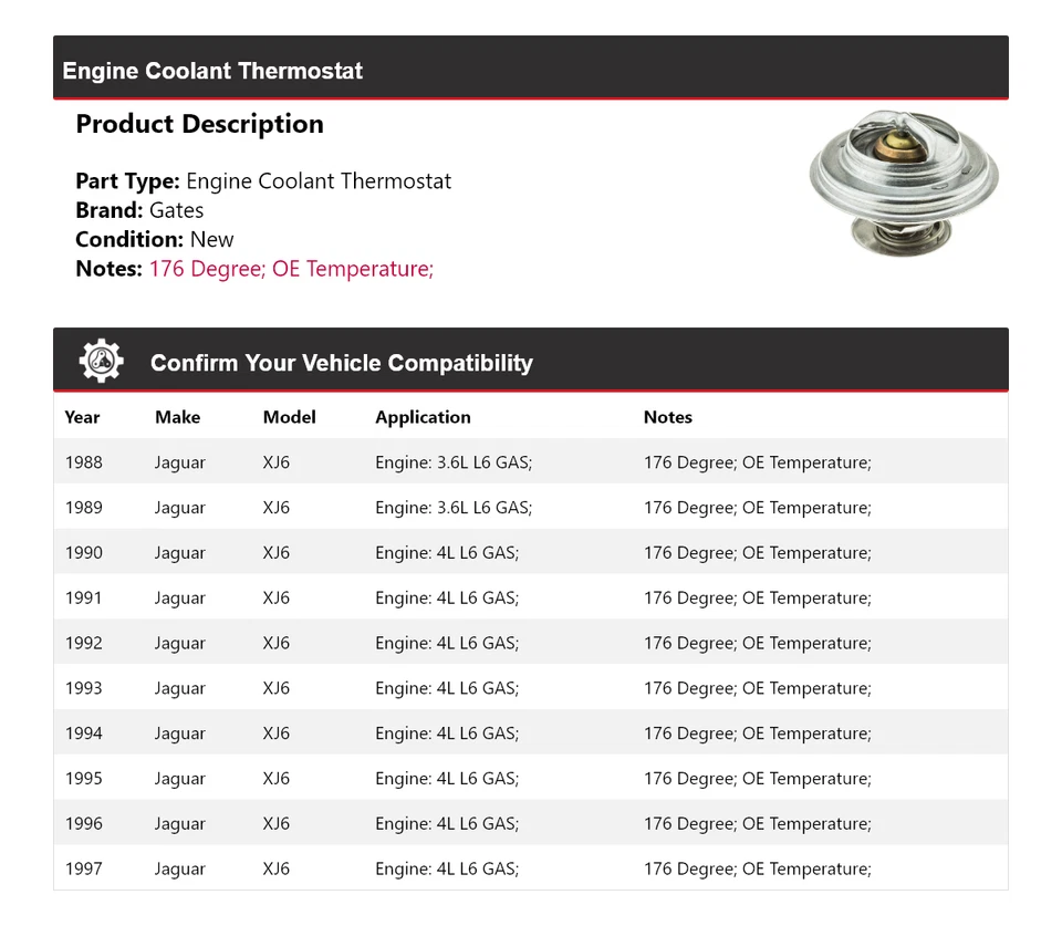 For 1988-1997 Jaguar XJ6 Engine Coolant Thermostat Gates 1989 1990 1991 1992 - Image 2 of 4