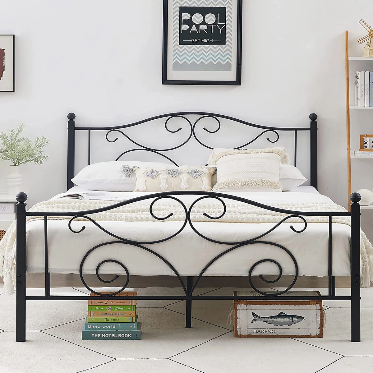 Queen Size Metal Bed Frame with Headboard and Footboard Heavy Duty Steel Slat S