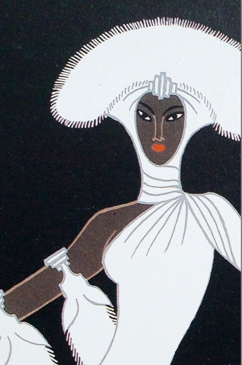 Erte 1987 EBONY and WHITE BROWN SKINNED LADY in FUR w GREYHOUND