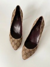 DDP Gucci Pointed Toe Pumps Beige Brown GG Canvas Stiletto Heels Vintage 37 US 7