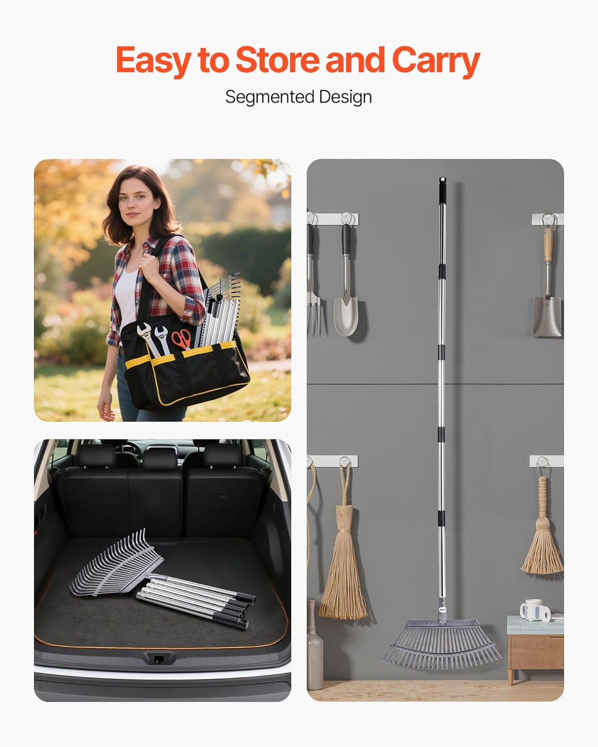 Leaf Rake, 25 Metal Tines, Adjustable Garden Rake for Lawns with 18.3 Inch Wide