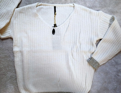 Pullover Damen Trendy  mit Lurexrändern Strick Weiß/Creme Einheitsg. ( 34-36-38)