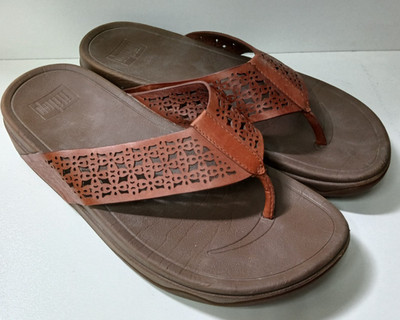 FitFlop Surfa Sandals Womens 9 Brown Leather Lattice Thong Comfort Flip Flops