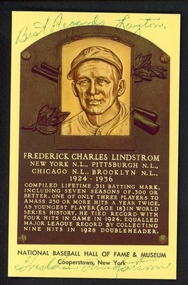 YELLOW HALL OF FAME POSTCARD FRED LINDSTROM GIANTS SIGNED AUTOGRAPHED