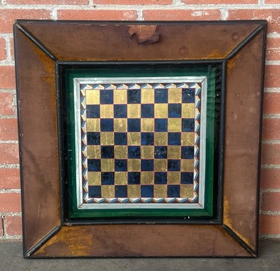 Antique Late 19th Century Reverse Painted Glass Chess Checkers Game Board