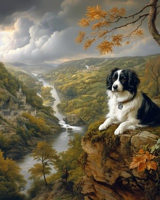8x10 Art Print Dog Overlooking River Rock Sitting - 580435788
