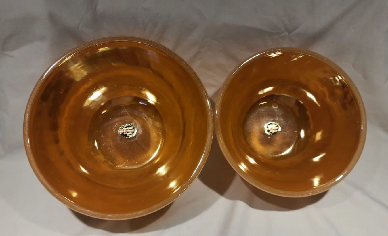 Pr Peach Lustre Fire King Swirl zNesting Mixing Bowls 8" 9" With Foil Stickers!