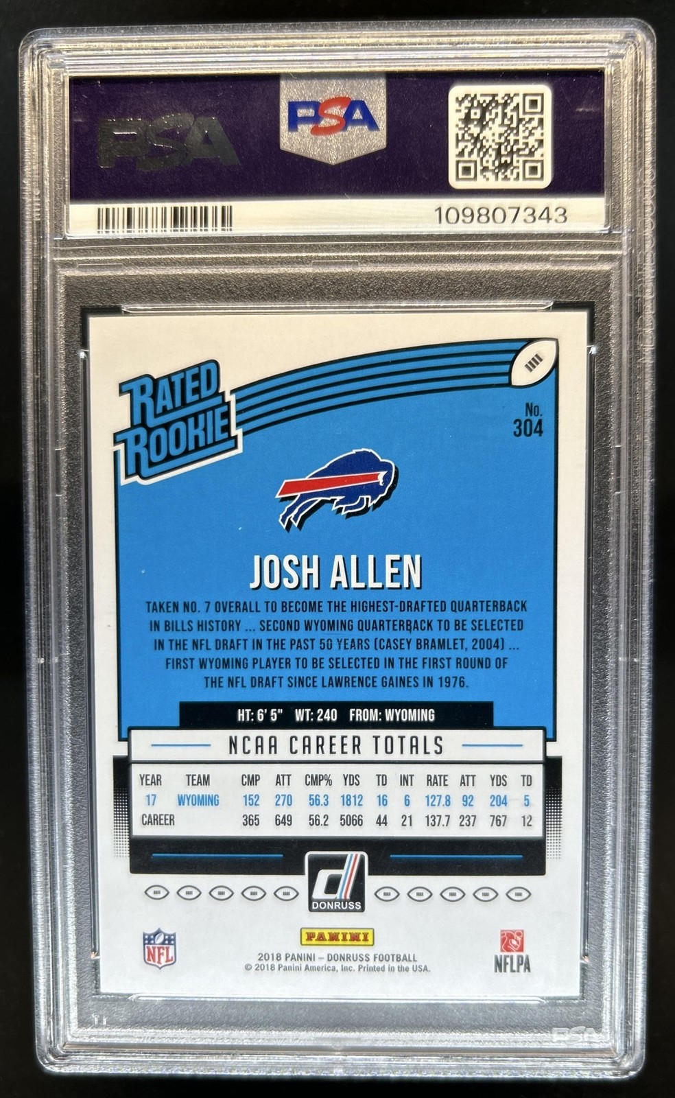 2018 Panini Donruss Josh Allen Rookie RC #304 Bills PSA 9 view 2