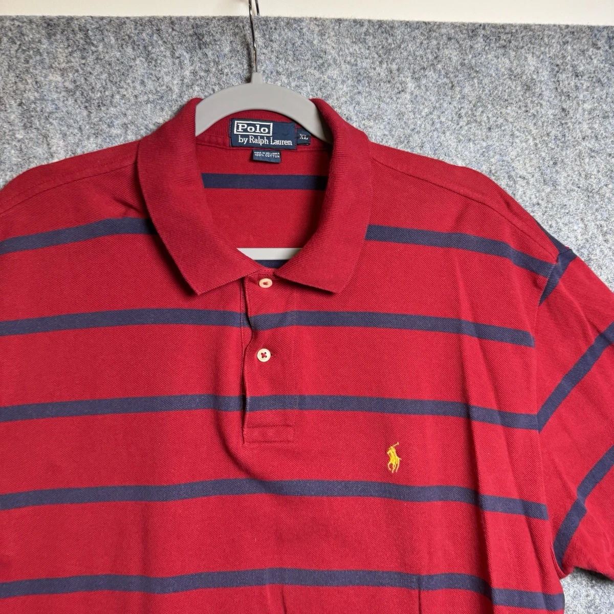 Ralph Lauren Polo Shirt Mens XL Red Blue Striped Cotton Casual Preppy Golf Retro