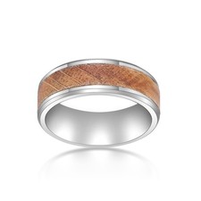 Men's Stainless Steel Flat Edge Ring with Whisky Barrel Wood Inlay and Clear Res