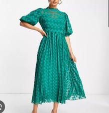 ASOS DESIGN High Neck Midi Dress with Puff Sleeve Green Sz 4