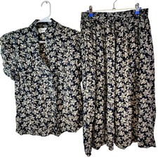 Vintage 80s Floral Set Women Medium Black Button Blouse Top Midi Skirt Formal 10
