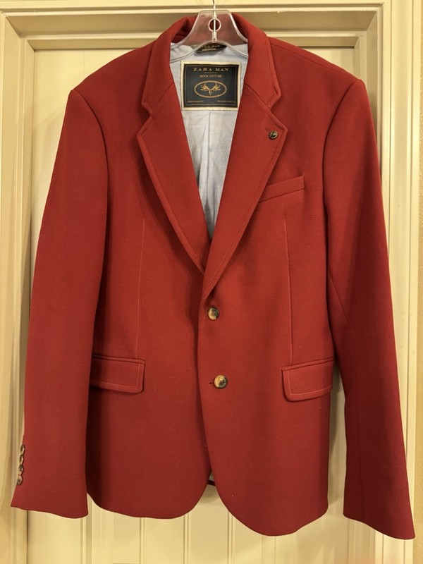 Zara Man Burgundy Blazer Jacket Mens 44 Denim Couture Sport Coat Casual