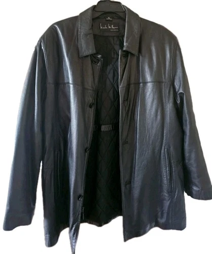 Nicole Miller XL long Men Genuine Black Leather Jacket New York City Extra Large - product listing photo