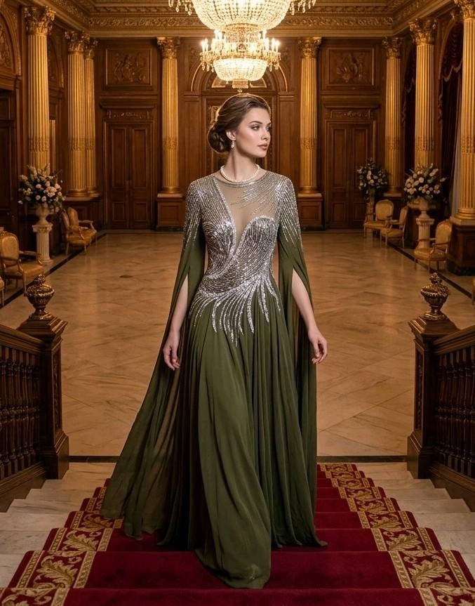 Stunning olive green & silver sequin gala gown | formal evening dress cape...