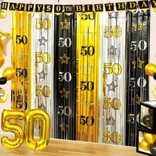 2 PCS 3.3x6.6ft 50th Birthday Backdrop, Black Gold Silver, Foil Fringe Curtain