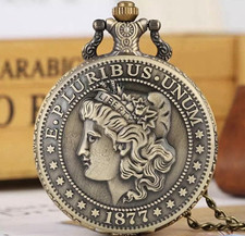 Coin Design Full Hunter Quartz Pocket Watch White Dial Arabic Numerals w/ Chain