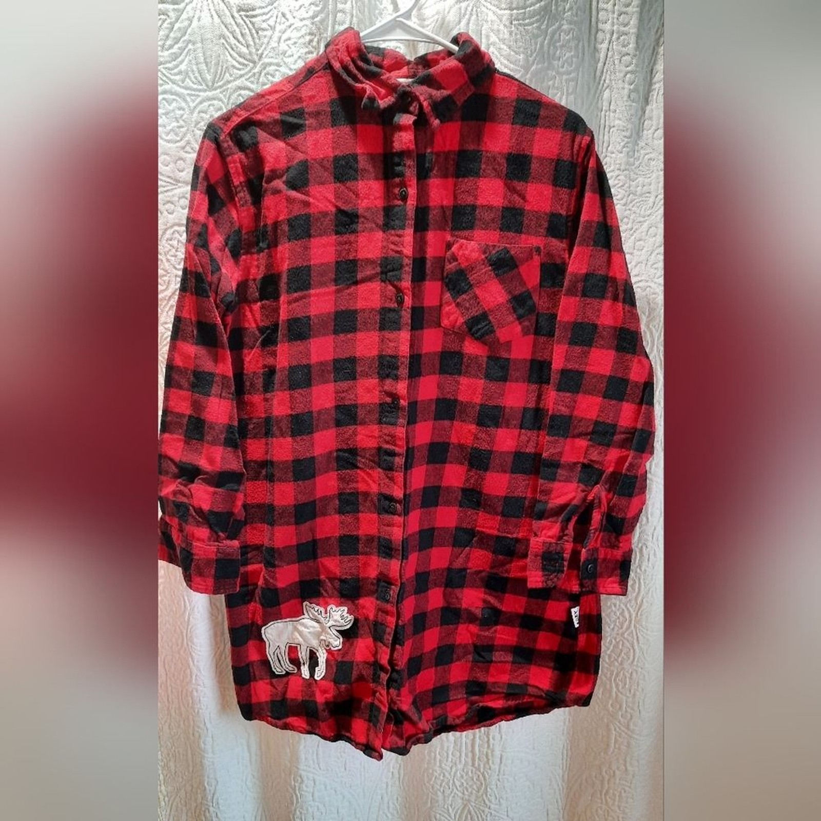 Lazy One Nightshirt Womans S/M Red Plaid Flannel Button Down Comfy Loumgewear