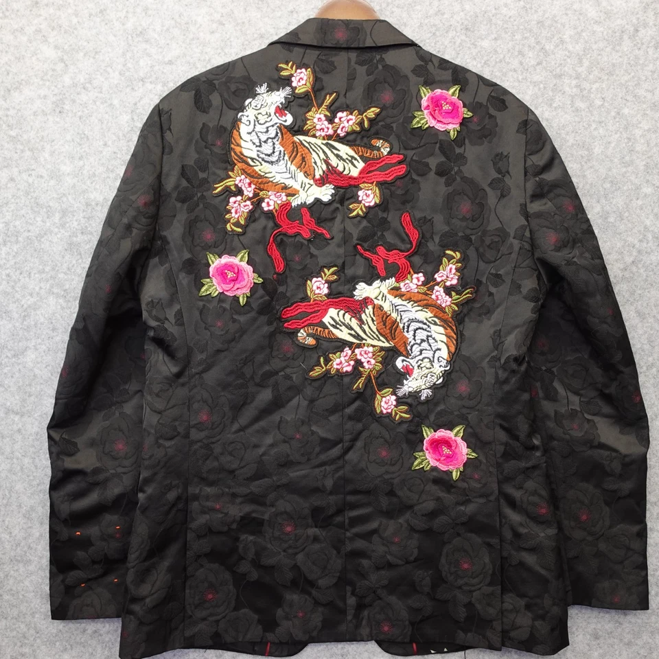 Tallia Slim Sport Coat Mens 38R Black Jacquard Jacket Floral Tiger Embroidered S - Image 3 of 4