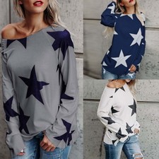 Women's One Off Shoulder Long Sleeve Tee Shirt Top Star Print Pullover Blouse