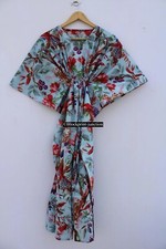 Indian Gray Long Bird Print Cotton Hippie Maxi Women Nightwear Caftan Dress
