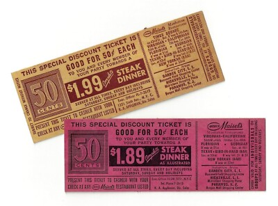 Manhattan / MAISEL'S RESTAURANTS / $1.99 Steak Dinner 1950's Discount Tickets