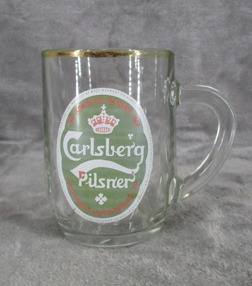 Carlsberg Pilsner Glass Beer Mug With Gold Rim And Handle 4" Vintage Rare Cup