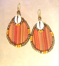 African Beaded Cowrie Shell Teardrop Fabric Earrings Boho Jewelry
