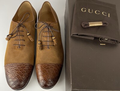 Gucci 337046 Brown Caiman Suede Lace Up Oxfords Men s Size 12.5/US 13