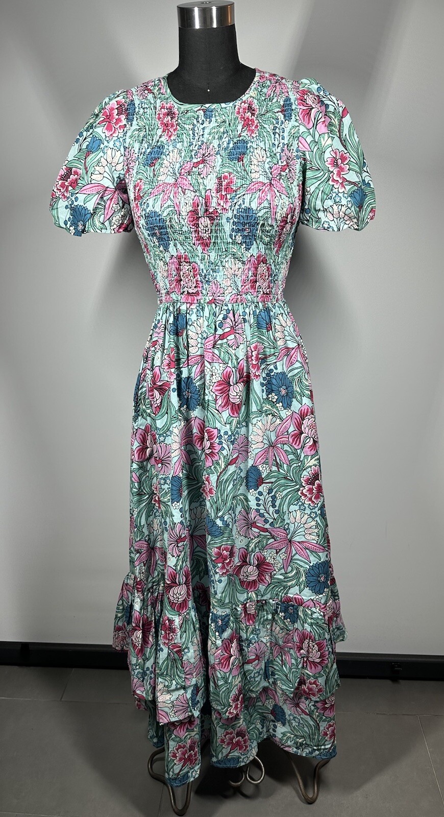 Banjanan  Dress Size XS Floral Print Cotton Midi /Maxi Layered Smock Ed Boho