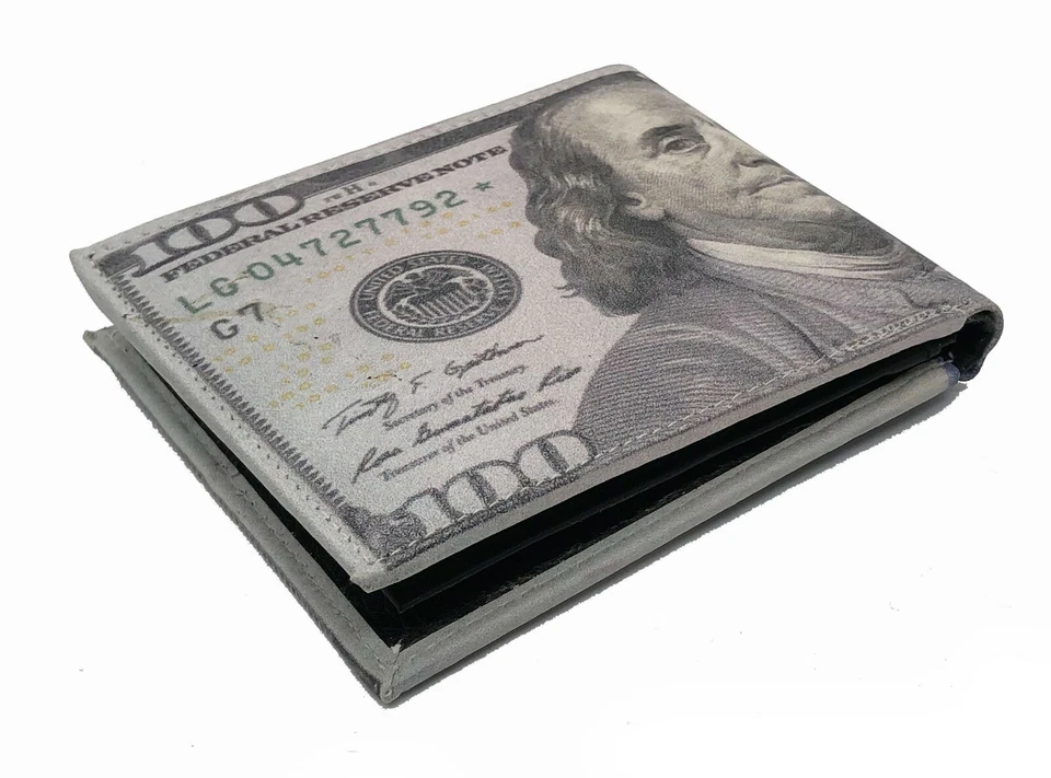 USA $100 One Hundred Dollar Bill Print Men's Leather Bifold Novelty Wallet - Image 2 of 4