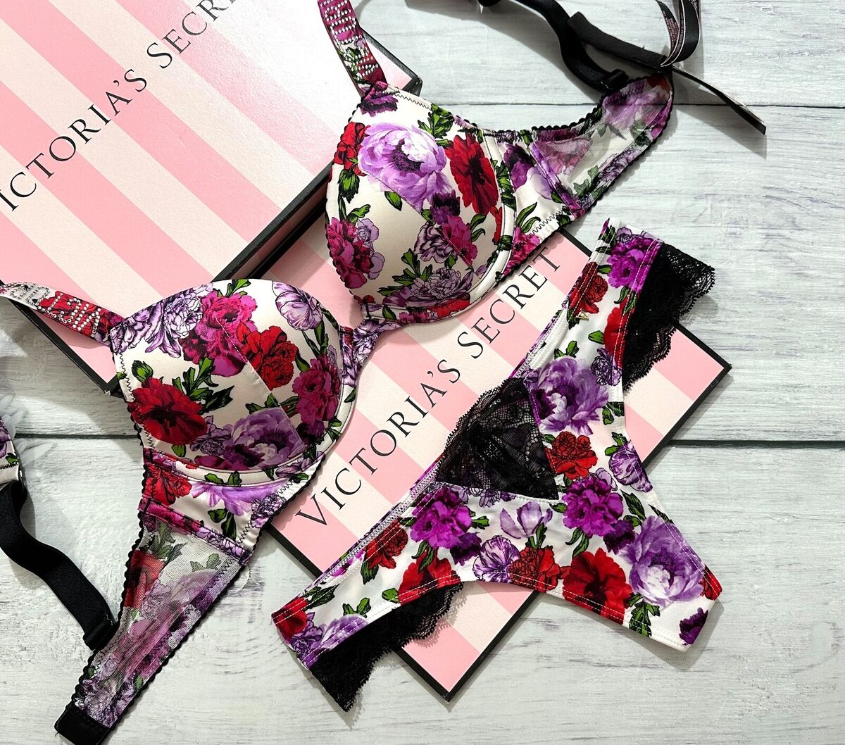 Victoria's Secret Floral Shine Strap Regular Push Up Bra Thong Set