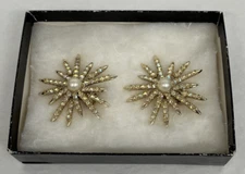 EMMONS Starburst Gold Tone Faux Pearl AB Rhinestone Vintage Clip On Earrings