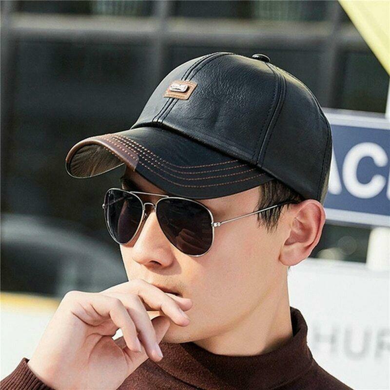 Mens Baseball Cap Outdoor Casual Winter Snapback Leather Warm Hats