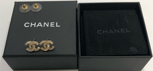CHANEL Coco Logo Small Studs Earrings Rhinestone Multi Gold Tone C17V - Picture 3 of 8